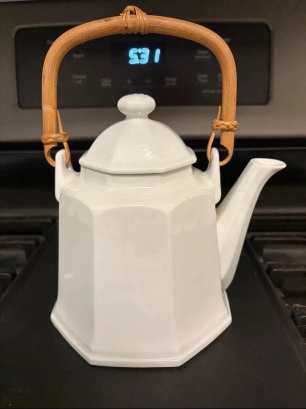 Pier 1 White Ceramic Teapot with Bamboo Handle